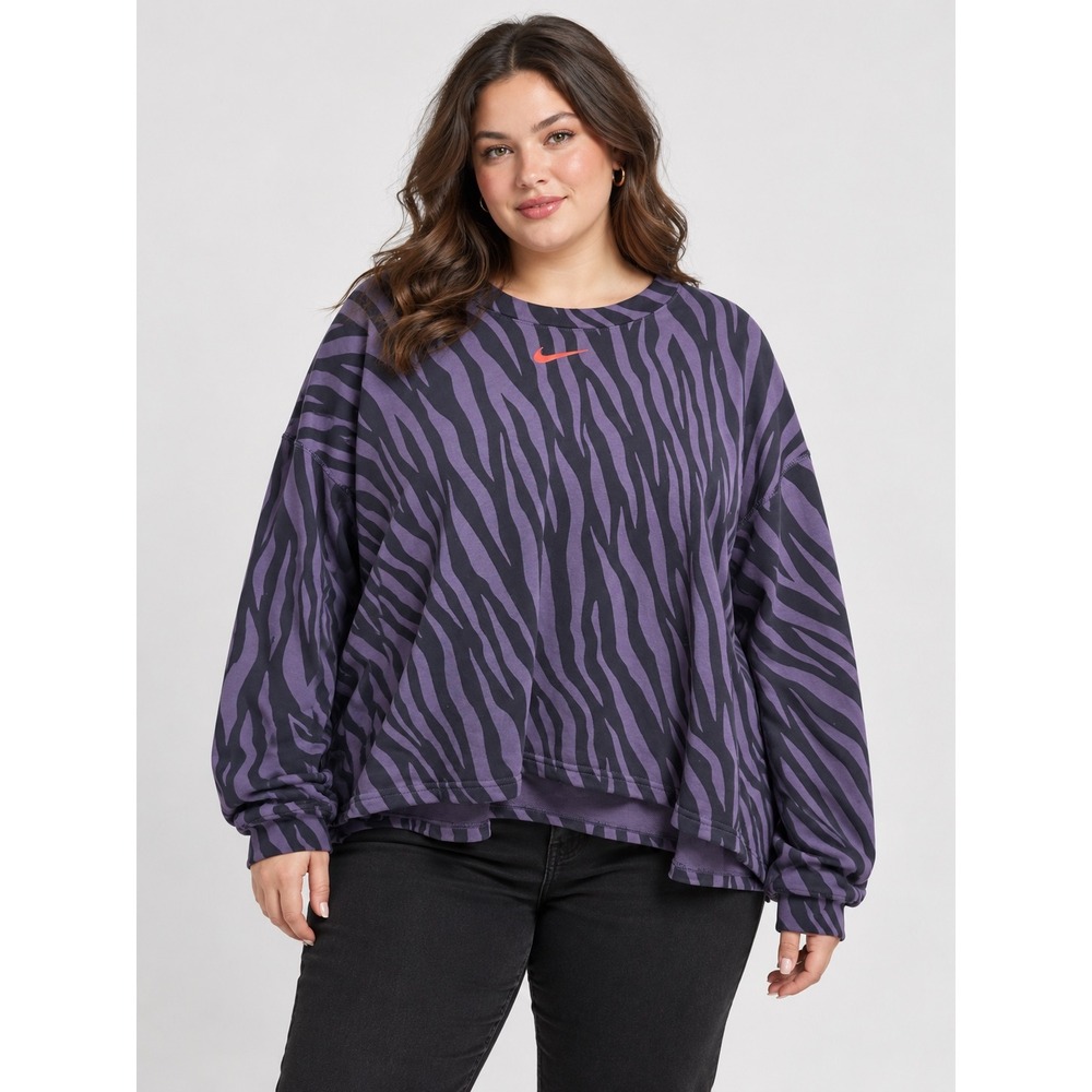Nike Womens 2X Zebra Print Oversized Sweatshirt Purple Black Swoosh Top